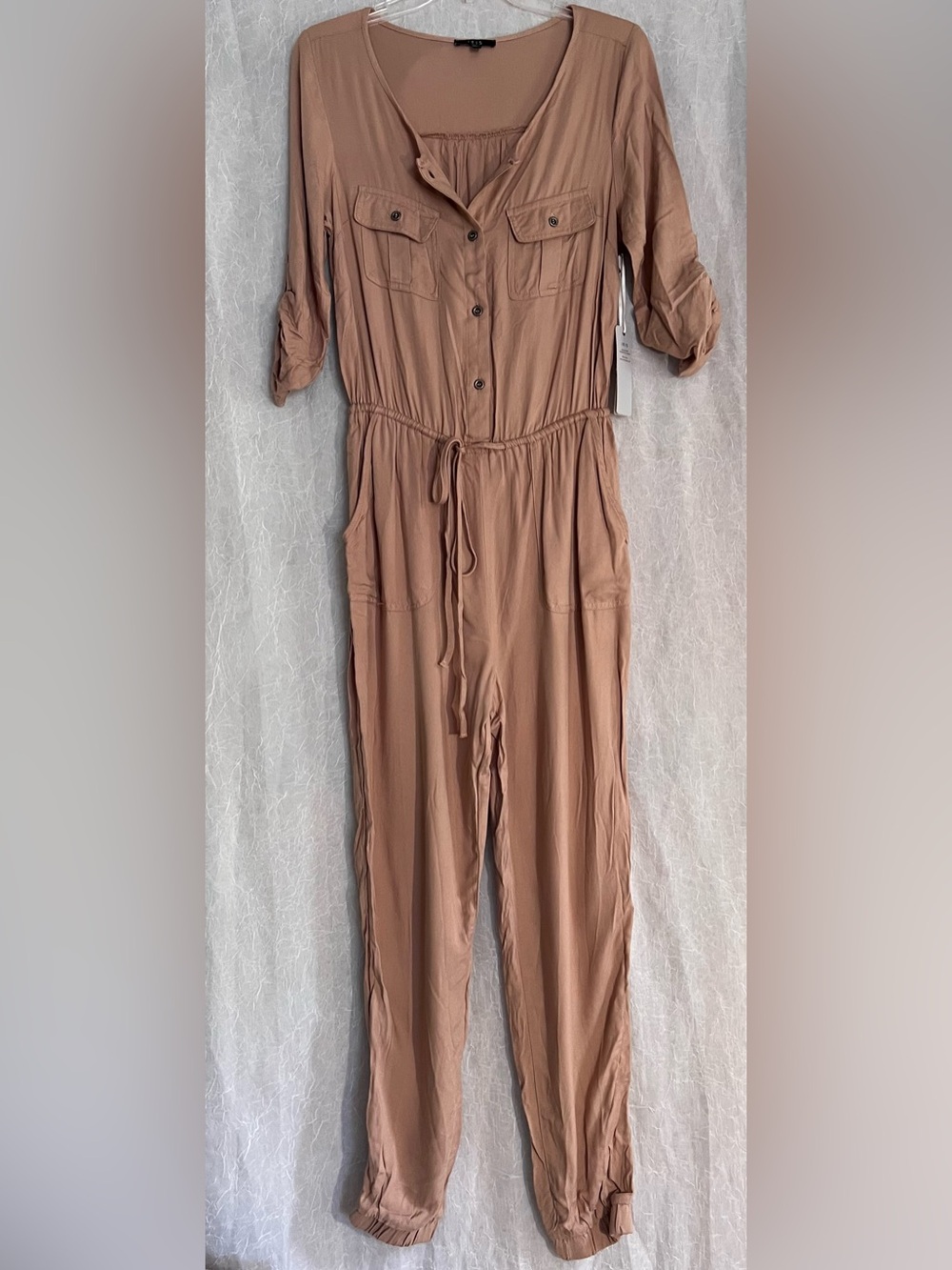 Women's Tan Utility Jumpsuit - Drawstring Waist